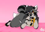  absurd_res anthro bed collar digital_media_(artwork) eyewear fur furniture girly glasses hi_res looking_at_viewer looking_pleasured lying lying_on_bed male mammal nude on_bed procyonid raccoon shanukk simple_background smile smiling_at_viewer solo tail thick_thighs wide_hips xwhitedreamsx 