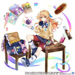  1girl alternate_costume bag black_footwear black_necktie black_skirt book bow bracelet braid chair closed_mouth collared_shirt commentary copyright_name english_commentary eraser food fruit_juice full_body game_cg glass_bottle hair_bow headphones jewelry kamishirasawa_keine kawashiro_nitori kirisame_marisa kirisame_marisa_(dauntless_problem_child) kochiya_sanae long_hair long_sleeves looking_at_viewer mini-hakkero miniskirt mushroom mystia_lorelei necktie pen plaid plaid_skirt red_shorts rotte_(1109) school_uniform shirt shorts side_braid simple_background single_braid sitting skirt smile soda solo star_(symbol) stuffed_animal stuffed_rabbit stuffed_toy sweater table third-party_source touhou touhou_lost_word white_background white_bow white_shirt wristband yellow_eyes yellow_sweater yorigami_jo&#039;on 