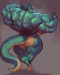  absurd_res anthro big_muscles black_sclera bodily_fluids breasts butt diadorin female flexing flexing_bicep flexing_both_biceps green_body green_hair green_scales grey_background hair half-closed_eyes hi_res huge_muscles hyper hyper_muscles kobold muscle_tone muscular muscular_anthro muscular_female narrowed_eyes nude open_mouth open_smile scales side_boob simple_background smile solo sweat sweatdrop tan_body tan_scales 