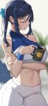  1girl absurdres annoyed arm_under_breasts bare_shoulders blue_hair blurry blurry_background breasts coffee_mug covered_collarbone cowboy_shot crop_top cup dark_blue_hair halterneck highres large_breasts long_hair looking_at_viewer midriff mug navel open_mouth original pants ponytail sidelocks sleeveless sleeveless_turtleneck solo tail tsurime turtleneck vuxer white_pants wristband yellow_eyes 