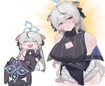  2girls aged_up animal_ears black_dress black_hair blue_archive blush breasts cleavage cleavage_cutout closed_eyes closed_mouth clothing_cutout dress grey_hair hair_between_eyes halo highres kokona_(blue_archive) long_hair long_sleeves looking_at_viewer mature_female multicolored_hair multiple_girls open_mouth rounan58287 shun_(blue_archive) shun_(small)_(blue_archive) simple_background sleeveless sleeveless_dress smile streaked_hair striped striped_dress tiger_ears two_side_up very_long_hair white_background 