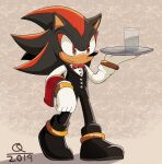 1boy alternate_costume black_footwear bow bowtie cup full_body furry furry_male gloves holding holding_tray quark196 red_eyes shadow_the_hedgehog solo sonic_(series) towel_on_arm tray waiter white_gloves 