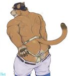  anthro anus baseball_cap baseball_uniform big_muscles blue_eyes butt clothed clothed/nude clothing cougar felid feline hat headgear headwear hi_res jockstrap looking_at_viewer looking_pleasured male mammal mexican_pacific_league muscular neofi nude simple_background smile solo sportswear underwear uniform white_background yaco_puma yaquis_de_obregon 