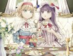  2girls alice_margatroid blonde_hair blue_dress blue_eyes crescent crescent_hat_ornament dress hairband hat hat_ornament highres lolita_hairband long_hair mob_cap multiple_girls open_mouth patchouli_knowledge poteimo_(poteimo622) purple_eyes purple_hair red_hairband touhou white_headwear 