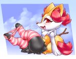  2023 4_fingers 4_toes anthro big_butt black_body black_fur blasticussaturn braixen butt canid canine cheek_tuft chest_tuft claws clothing cloud digital_media_(artwork) eyelashes facial_tuft feet female fingers fur generation_6_pokemon hi_res inner_ear_fluff legwear looking_at_viewer mammal nintendo open_mouth open_smile panties panties_around_toes pattern_clothing pattern_legwear pattern_underwear pawpads paws pink_clothing pink_panties pink_pawpads pink_stockings pink_striped_panties pink_stripes pink_underwear pokemon pokemon_(species) pupils red_body red_eyes red_fur side_view signature sitting sky slit_pupils smile smiling_at_viewer snaggle_tooth solo stockings striped_clothing striped_legwear striped_underwear stripes tail teeth thick_thighs toe_claws toeless_legwear toes tongue tuft underwear white_body white_fur yellow_body yellow_fur 