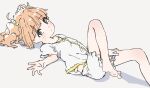  1girl barefoot blue_eyes blush fkurou_p hair_ornament hair_scrunchie idolmaster idolmaster_(classic) knee_up looking_at_viewer lying on_back orange_hair pajamas scrunchie short_sleeves shorts simple_background sketch solo takatsuki_yayoi twintails white_pajamas 