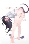  1girl absurdres animal_ear_fluff animal_ears ass bare_legs barefoot bent_over black_hair cat_ears cat_girl cat_tail full_body highres indie_virtual_youtuber long_hair long_sleeves looking_at_viewer naked_shirt red_eyes shirt shouwang sketch tail virtual_youtuber white_shirt xingye 