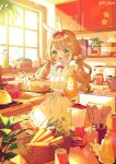  1girl :d animal_ears apron blender_(object) bow bowl brown_hair cake carrot collared_dress commentary_request day dress food green_eyes hair_bow highres holding ikari_(aor3507) indoors long_hair long_sleeves looking_at_viewer low_twintails orange_dress original pleated_dress puffy_long_sleeves puffy_sleeves rabbit_ears red_bow smile solo spatula spoon sunlight twintails twitter_username very_long_hair white_apron 
