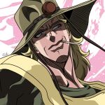  1boy blonde_hair cigarette commentary_request cowboy_hat hat hatching_(texture) head_tilt highres hol_horse jojo_no_kimyou_na_bouken long_hair male_focus official_style portrait purple_eyes remyfive sideburns signature solo stardust_crusaders 