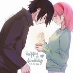  1boy 1girl anihelate artist_name black_hair blowing_candle breasts candle casual closed_eyes commentary cupcake dated food green_eyes green_sweater hairband happy_birthday haruno_sakura highres jewelry medium_breasts medium_hair naruto_(series) naruto_shippuuden necklace pink_hair red_hairband signature smile sweater symbol-only_commentary uchiha_sasuke 