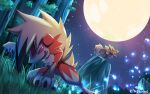  blue_eyes brown_fur clip_studio_paint_(medium) colored_sclera evil_grin evil_smile fireflies full_moon furry grin highres lycanroc lycanroc_(dusk) lycanroc_(midnight) moon night no_humans pink_eyes pink_sclera pokemon pokemon_(creature) r-nowong red_fur sharp_teeth smile star_(sky) teeth tree 