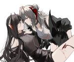  2girls arknights black_hair black_jacket black_shirt black_skirt blood collar_grab demon_girl demon_horns demon_tail eye_contact face-to-face grey_hair grey_tank_top hair_bun highres horns ines_(arknights) jacket joshua_(shisanli934) long_hair looking_at_another multiple_girls open_clothes open_jacket shirt simple_background skirt smile tail tank_top w_(arknights) white_background yellow_eyes yuri 