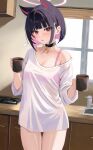  1girl animal_ears black_choker black_hair blue_archive blush bra breasts cat_ears choker coffee coffee_mug collarbone colored_inner_hair commentary_request cup extra_ears hair_ornament hairclip halo highres holding holding_cup kazusa_(blue_archive) kitchen looking_at_viewer medium_breasts mug multicolored_hair panties partial_commentary pink_hair red_eyes ryouta_(ryouta335) short_hair solo steam thigh_gap tongue tongue_out underwear 