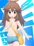  1girl :o absurdres bag blush breasts brown_eyes brown_hair commentary_request cowboy_shot eyelashes green_(pokemon) hair_flaps hand_up highres long_hair looking_at_viewer nipples open_mouth outline pokemon pokemon_(game) pokemon_lgpe shorts shoulder_bag sidelocks small_breasts solo topless wristband xin_lan_deng yellow_bag 
