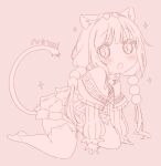  1girl animal_ear_fluff animal_ears bell between_legs blush bow capelet cat_ears cat_girl cat_tail commentary dress fang full_body hair_bow hand_between_legs jigatei_(omijin) jingle_bell kanna_kamui kemonomimi_mode kobayashi-san_chi_no_maidragon long_hair long_sleeves monochrome neck_bell no_shoes open_mouth puffy_long_sleeves puffy_sleeves romaji_text sleeves_past_wrists solo stirrup_legwear tail toeless_legwear translation_request very_long_hair 