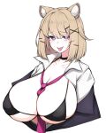  1girl :p absurdres animal_ear_fluff animal_ears arknights black_choker black_jacket blonde_hair blush breasts bright_pupils choker cleavage hair_ornament hairclip highres huge_breasts jacket looking_at_viewer necktie open_clothes open_jacket open_shirt pink_necktie purple_eyes rikuguma shirt short_hair simple_background smile solo tongue tongue_out upper_body utage_(arknights) white_background white_shirt 