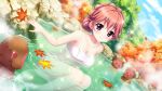  1girl autumn_leaves blue_sky braid breasts cleavage closed_eyes closed_mouth cloud collarbone crown_braid day dot_nose dutch_angle film_grain game_cg haeno_akari hair_bun hair_up izumi_tsubasu large_breasts lens_flare monkey naked_towel non-web_source official_art onsen open_mouth orange_hair outdoors partially_submerged purple_eyes re:stage! rock sitting sky smile solo sparkle towel tree white_towel 