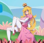 1girl absurdres arm_support blonde_hair blue_eyes blush breasts closed_mouth crown dress earrings elbow_gloves floating_crown gloves hair_between_eyes high_heels highres impossible_clothes impossible_dress jewelry knee_up large_breasts leaning_back long_dress long_hair looking_at_viewer mario_(series) messy_hair nintendo outdoors pink_dress pink_footwear princess_peach puffy_short_sleeves puffy_sleeves short_sleeves side_slit signature sitting smile solo soul_art12 thighhighs thighs very_long_hair white_gloves white_thighhighs zettai_ryouiki 