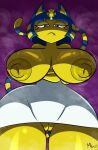  ameizinglewds animal_crossing ankha_(animal_crossing) anthro areola big_breasts blue_eyes breasts clothed clothing crossed_arms domestic_cat dress exposed_breasts felid feline felis female frown genitals huge_breasts looking_at_viewer looming mammal markings narrowed_eyes nintendo nipples no_underwear pussy snaggle_tooth solo striped_markings striped_tail stripes tail tail_markings thick_thighs yellow_areola yellow_nipples 