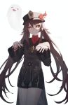 1girl black_headwear black_shorts boo_tao_(genshin_impact) bright_pupils brown_coat brown_hair coat coattails cowboy_shot flower flower-shaped_pupils genshin_impact ghost grin hair_between_eyes hat hat_flower hat_tassel highres hu_tao_(genshin_impact) jewelry long_hair long_sleeves looking_at_viewer multiple_rings orange_eyes red_nails ring shorts simple_background smile solo symbol-shaped_pupils twintails umeko_208 white_background white_pupils 