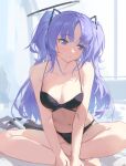  1girl absurdres black_bra black_panties blue_archive blush bra breasts cleavage closed_mouth halo highres large_breasts long_hair mechanical_halo meinoss navel panties purple_eyes purple_hair solo two_side_up underwear underwear_only yuuka_(blue_archive) 
