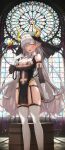  1girl absurdres breasts commentary crate detached_sleeves garter_belt garter_straps glasses grey_hair highres horns kinos_(kw00789) long_hair looking_at_viewer nun original pointy_ears smile stained_glass thighhighs white_thighhighs yellow_eyes 