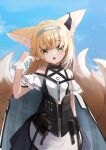  1girl :o absurdres animal_ear_fluff animal_ears arknights bare_shoulders black_skirt blonde_hair blue_hairband blue_sky breasts cloud commentary_request day fang fox_ears fox_girl fox_tail green_eyes hair_between_eyes hairband hand_up highres kitsune looking_at_viewer open_mouth oripathy_lesion_(arknights) outdoors pleated_skirt seijiikeuchi shirt skirt sky small_breasts solo suzuran_(arknights) tail white_shirt 