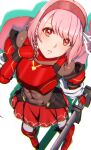  1girl aduti_momoyama armor braid breastplate fire_emblem fire_emblem_engage grey_hairband hairband highres holding holding_weapon lapis_(fire_emblem) looking_at_viewer pink_hair red_armor red_eyes red_hairband red_skirt ribbon side_braid skirt two-tone_hairband weapon white_ribbon 