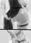  1girl after_vaginal ass bandaged_hand bandages blush closed_mouth clothes_lift cum cum_in_pussy dress dress_lift frown gradient_background grey_background greyscale highres horns league_of_legends lifted_by_self long_hair monochrome multiple_views no_panties pointy_ears pussy pussy_juice shiny_skin shoulder_tattoo single_horn skindentation soraka_(league_of_legends) tattoo thigh_strap tonka_kryga trembling 