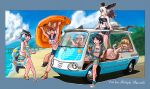  6+girls absurdres animal_ears arms_up bald_eagle_(kemono_friends) beach bikini bird_girl bird_tail bird_wings blonde_hair blue_hair blue_sky brown_hair captain_(kemono_friends) car carrying cetacean_tail common_dolphin_(kemono_friends) day dhole_(kemono_friends) dog_ears dolphin_girl dorsal_fin excited fiat_multipla fins fish_tail floating_hair full_body grey_hair head_fins head_wings highres jacket kemono_friends kemono_friends_3 lion_(kemono_friends) lion_ears lion_girl lion_tail long_hair looking_afar looking_at_another lying medium_hair meerkat_(kemono_friends) motor_vehicle multicolored_hair multiple_girls navel ocean on_side open_clothes open_jacket outdoors sand sandals short_hair shorts sky sleepy smile standing stomach swimsuit tail toes toriny wings yawning 