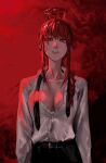  1girl abstract_background belt braid breasts chainsaw_man cleavage collared_shirt halo highres large_breasts makima_(chainsaw_man) necktie parted_lips partially_unbuttoned raberu_ruru red_background red_eyes red_hair shirt sidelocks solo unbuttoned unbuttoned_shirt undone_necktie upper_body 