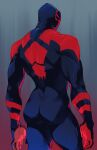  1boy absurdres ass blue_background blue_bodysuit blue_mask bodysuit english_commentary facing_back film_grain from_behind gradient_background highres male_focus marvel mask muscular muscular_male red_background red_bodysuit rokuhashi_8 simple_background skin_tight solo spider-man:_across_the_spider-verse spider-man_(2099) spider-man_(series) standing two-tone_bodysuit 
