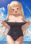  1girl bare_arms bare_legs bare_shoulders black_one-piece_swimsuit blonde_hair blush breasts cleavage collarbone conte_di_cavour_(kancolle) covered_navel cowboy_shot day highres kantai_collection large_breasts long_hair ocean one-piece_swimsuit open_mouth orange_eyes outdoors school_swimsuit smile solo swimsuit toka_(marchlizard) two_side_up water wet 