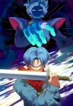  2boys bandana blue_eyes blue_hair blue_jacket commentary covering_mouth dragon_ball dragon_ball_super earrings english_commentary fused_zamasu highres holding holding_sword holding_weapon jacket jewelry long_sleeves male_focus multiple_boys papita_pochi pointing potara_earrings purple_eyes red_bandana short_hair spiked_hair sword trunks_(dragon_ball) trunks_(future)_(dragon_ball) upper_body v-shaped_eyebrows weapon 