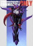  1girl blue_eyes breasts cleavage commission decepticon hand_on_own_hip head_tilt highres kamitoge_supino large_breasts long_legs looking_at_viewer original parted_lips science_fiction smile solo spikes transformers watermark 