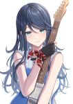  1girl absurdres bare_shoulders black_gloves black_hair blue_eyes blush closed_mouth collared_shirt electric_guitar frilled_gloves frills gloves grey_eyes guitar highres holding_guitar hoshino_ichika_(project_sekai) instrument long_hair looking_at_viewer messy_hair project_sekai ribbon shirt simoumi_217 simple_background smile solo swept_bangs upper_body white_background wrist_ribbon 