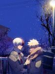  2boys artist_name bag bakugou_katsuki bare_tree blazer blonde_hair blue_bag blue_eyes blurry blurry_background blush boku_no_hero_academia breath brown_scarf building cactusnabe collared_shirt commentary_request grey_eyes grey_jacket hair_between_eyes heterochromia highres jacket lamppost lapels long_sleeves looking_at_another male_focus multicolored_hair multiple_boys necktie night nose_blush outdoors parted_lips power_lines profile red_eyes red_hair red_necktie scarf school_bag school_uniform shirt short_hair shoulder_bag snow snowing spiked_hair split-color_hair todoroki_shouto tree twitter_username two-tone_hair u.a._school_uniform v-shaped_eyebrows white_hair white_shirt wing_collar winter yaoi 