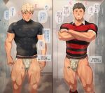 2boys absurdres bara black_hair black_shirt blonde_hair blush bulge covered_abs covered_nipples crossed_arms facial_hair hifumi_(3b_x) highres jockstrap large_pectorals male_focus male_pubic_hair male_underwear multiple_boys muscular muscular_male open_mouth original paid_reward_available pectorals pubic_hair red_shirt shirt short_hair smile thick_thighs thighs translation_request underwear yaoi 