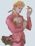  1boy absurdres animal artist_name blonde_hair braid bug commentary_request danart14020 giorno_giovanna green_eyes highres holding holding_animal jacket jojo_no_kimyou_na_bouken ladybug lips long_hair long_sleeves male_focus pants pectorals pink_jacket pink_pants realistic solo toned vento_aureo 
