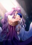  1boy 1girl aged_down artist_name bare_shoulders blue_hair circlet closed_mouth creyton deirdre_(fire_emblem) dress fire_emblem fire_emblem:_genealogy_of_the_holy_war highres holding_baby long_hair mother&#039;s_day mother_and_son purple_dress purple_hair seliph_(fire_emblem) smile very_long_hair 