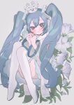  1girl absurdres blue_hair blush boots convenient_leg crown expressionless flower full_body grey_background grey_eyes hakudaku hatsune_miku highres long_hair looking_at_viewer own_hands_together simple_background solo sparkle thigh_boots twintails very_long_hair vocaloid white_footwear wide_sleeves yuki_miku 
