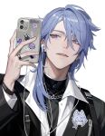  1boy black_jacket black_shirt blue_hair earbuds earphones genshin_impact grey_background holding holding_phone jacket jewelry kamisato_ayato long_hair looking_at_viewer male_focus mole mole_under_mouth parted_lips phone purple_eyes rexcassday ring shirt solo teeth turtleneck white_shirt wristband 