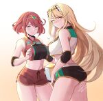  2girls absurdres alternate_costume ball bare_shoulders blonde_hair blush breasts chest_jewel cowboy_shot dangle_earrings earrings elbow_sleeve gem gym_shorts headpiece highres holding holding_ball jersey jewelry large_breasts long_hair looking_at_viewer looking_back multiple_girls mythra_(xenoblade) pyra_(xenoblade) red_hair red_shorts senacolada shirt short_hair short_shorts shorts simple_background sleeveless sleeveless_shirt smile sportswear standing swept_bangs tiara volleyball volleyball_uniform xenoblade_chronicles_(series) xenoblade_chronicles_2 yellow_eyes 
