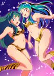  2girls :d animal_print bikini blue_eyes blue_hair breasts cleavage fur_bikini green_hair highres holding_hands horns long_hair looking_at_viewer lum multiple_girls navel nka_46 oni oni_horns open_mouth orange_eyes pointy_ears print_bikini print_footwear retro_artstyle small_breasts smile strapless strapless_bikini swimsuit tiger_print urusei_yatsura yellow_bikini 