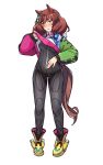  1girl absurdres alternate_costume animal_ears bodysuit breasts cosplay embarrassed full_body highres horse_ears horse_girl horse_tail medium_breasts medium_hair nice_nature_(umamusume) pirukusu red_hair shoes simple_background solo tail twin_turbo_(umamusume) twin_turbo_(umamusume)_(cosplay) umamusume white_background zipper 