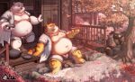  2023 anthro autumn bear belly big_belly bottomwear clothing detailed_background duo felid hi_res kemono male mammal moobs nipples outside overweight overweight_male pantherine plant shorts sitting tiger tree yuyuitudou 