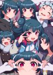  1girl absurdres birthday blue_hair blush commentary cream_(nipakupa) double_v earrings fang genjitsu_no_yohane grey_background hair_bun heart heart_earrings highres hood hood_up hoodie jewelry long_hair looking_at_viewer love_live! love_live!_sunshine!! multiple_girls red_eyes single_side_bun tsushima_yoshiko upper_body v 