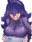  1girl bottle breast_rest breasts crate dress hex_maniac_(pokemon) highres large_breasts long_hair looking_at_viewer milk_bottle open_mouth pokemon pokemon_(game) pokemon_xy purple_dress purple_eyes purple_hair simple_background solo takayama_toshinori very_long_hair white_background 