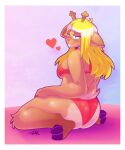  anthro antlers big_butt blonde_hair border butt clothing deer deltarune female flirting hair hi_res horn huge_butt mammal noelle_holiday seductive solo thick_thighs undertale_(series) underwear white_border zixzs-redlight 