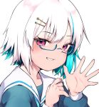  1girl blue_hair blush glasses grin hair_ornament hairclip hands_up lize_helesta long_sleeves looking_at_viewer multicolored_hair nijisanji parted_lips puffy_long_sleeves puffy_sleeves purple_eyes simple_background smile solo sukuna136 two-tone_hair white_background white_hair 